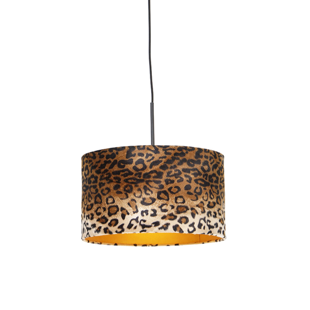 hanglampen Moderne hanglamp zwart met kap luipaard 35 cm Combi StaalStof Luipaard print Jouw moderne of botanische interieur waant zich meteen in exotische