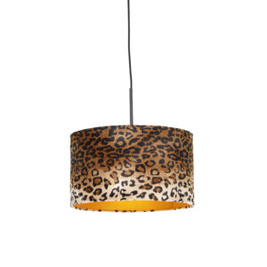 hanglampen Moderne hanglamp zwart met kap luipaard 35 cm Combi StaalStof Luipaard print Jouw moderne of botanische interieur waant zich meteen in exotische
