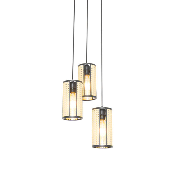 Retro hanglamp zwart met rotan 3-lichts rond - Akira - Afbeelding 2