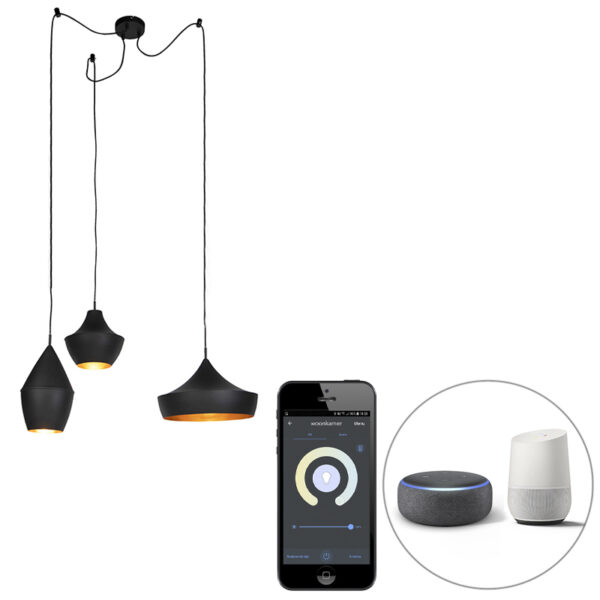 hanglampen Set van 3 smart zwart met goud incl. Wifi A60 Depeche Aluminium Zwart