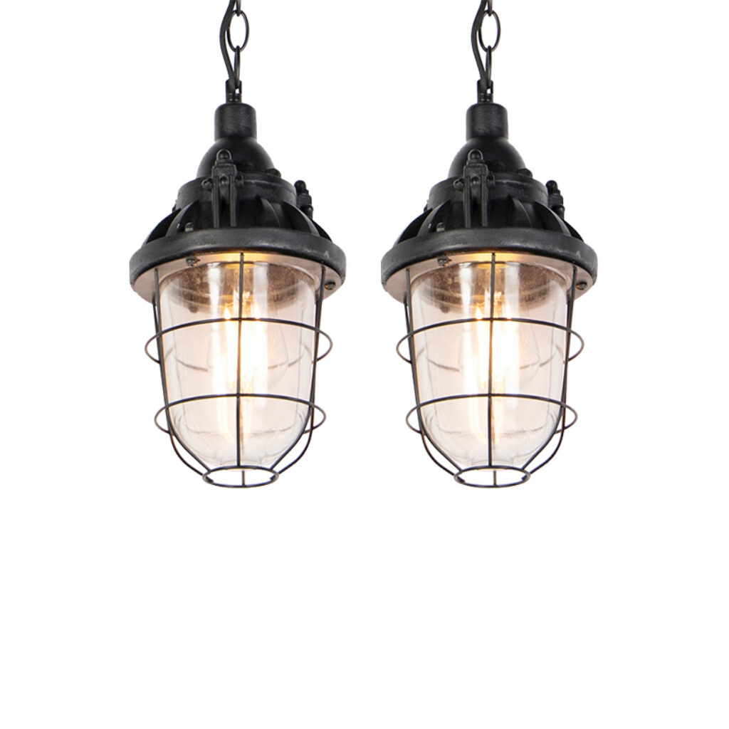 hanglampen Set van 2 zwart Cabin GlasStaalSteen Beton Zwart Deze hanglamp heeft iets weg een ouderwetse scheepslamp maar dan in nieuw De vintage en stoere