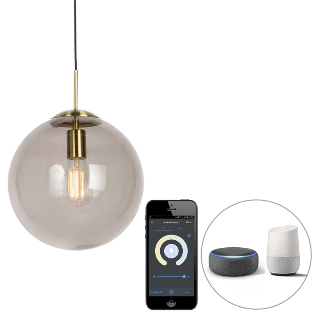 hanglampen Smart hanglamp messing met smoke glas 30 cm incl. Wifi ST64 Ball GlasMetaal