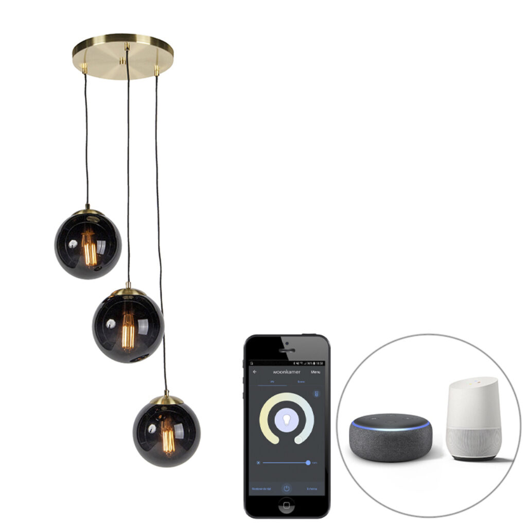 hanglampen Smart hanglamp messing met zwarte glas incl. Wifi ST64 Pallon GlasStaal Zwart