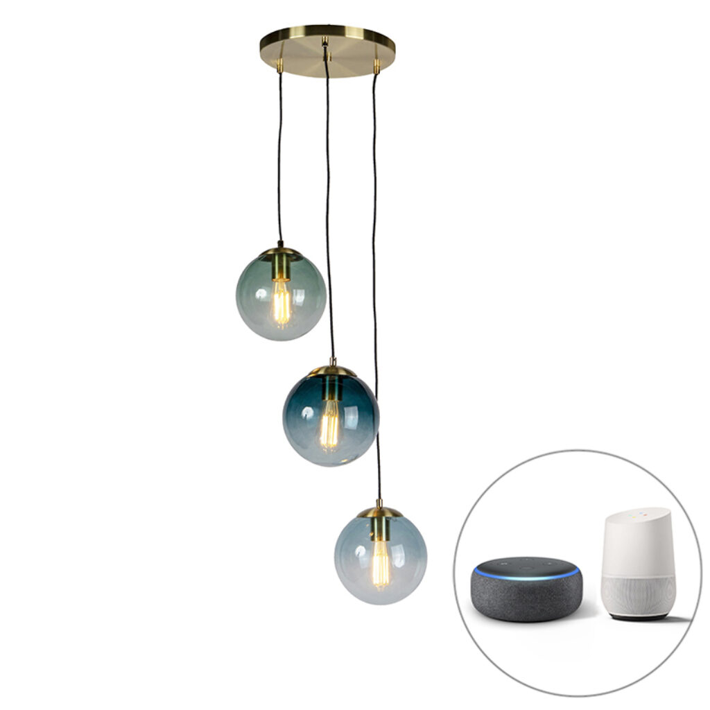 hanglampen Smart hanglamp messing incl. 3 WiFi ST64 met blauw glas Pallon GlasStaal Naturel Super leuke combinatie deze De lamp heeft drie verschillende in