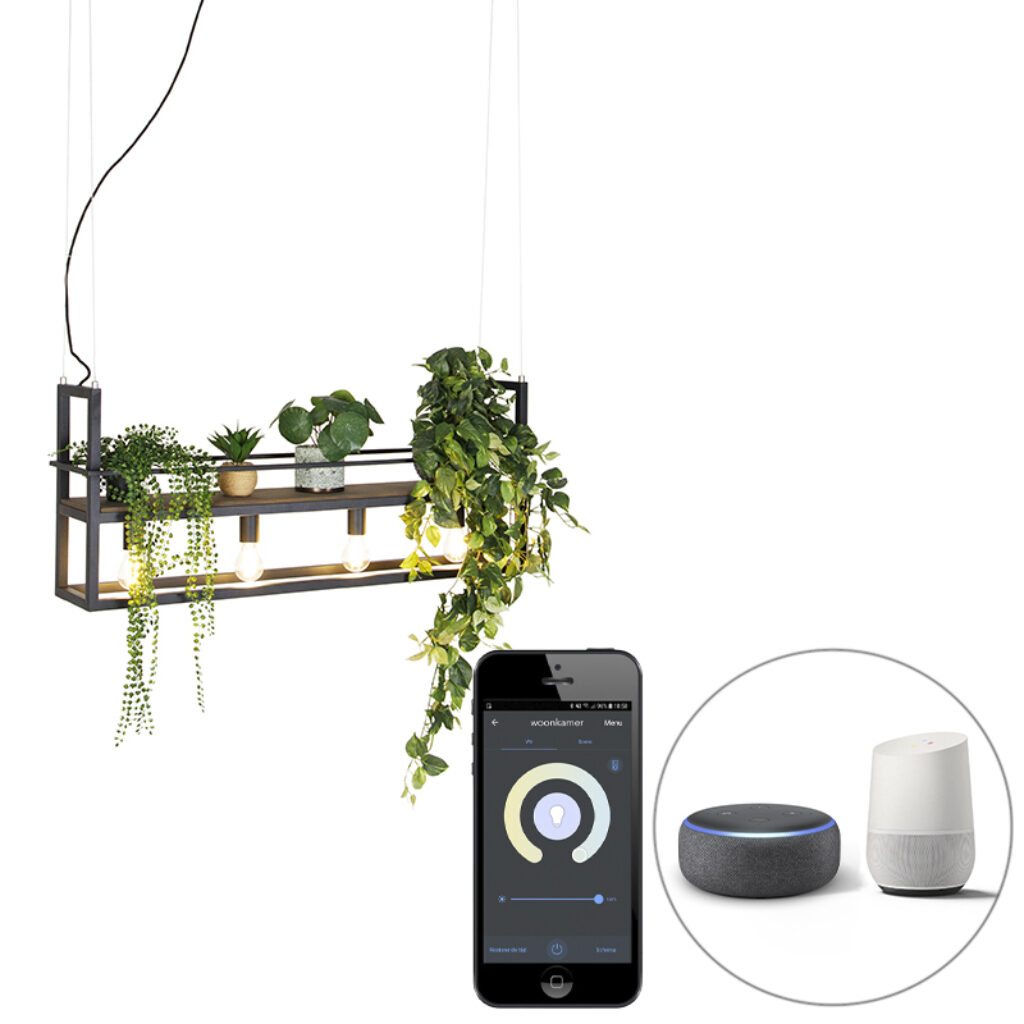 hanglampen Smart hanglamp zwart met hout en rek incl. Wifi A60 Cage Rack StaalHout Bruin