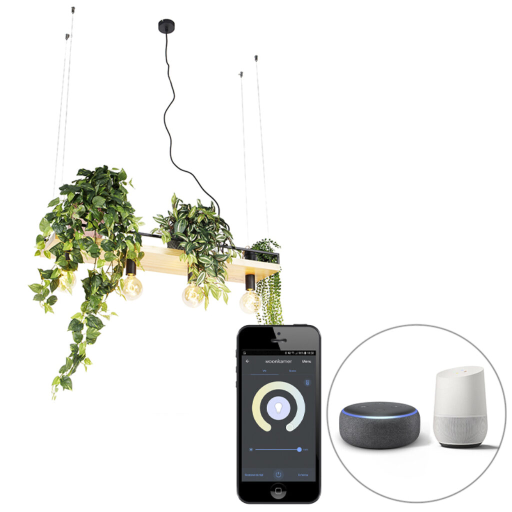 hanglampen Smart hanglamp zwart met hout incl. Wifi G95 Shelf HoutStaal Zwart