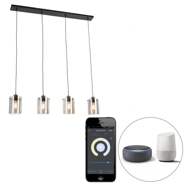 hanglampen Smart hanglamp zwart met smoke glas incl. 4 Wifi ST64 Dome GlasStaal Zwart
