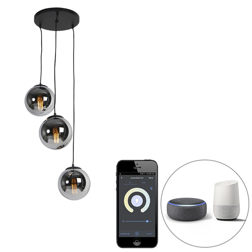 hanglampen Smart hanglamp zwart met smoke glas incl. Wifi ST64 Pallon GlasStaal Zilver