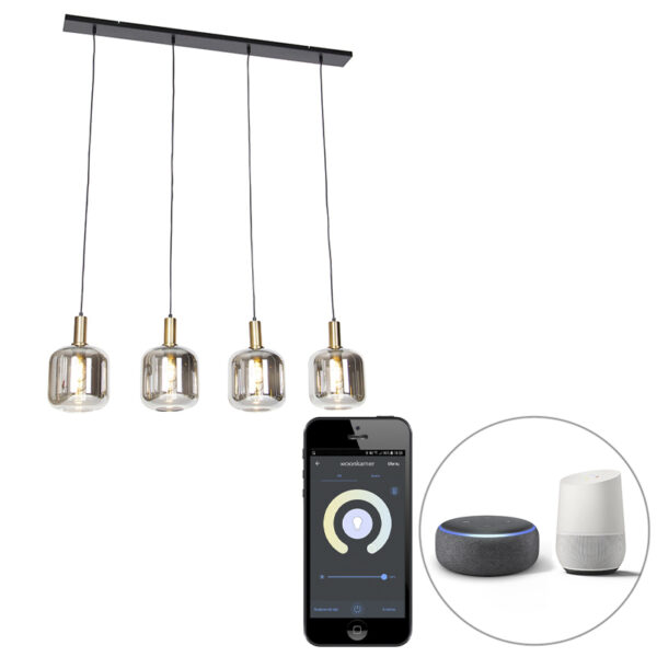 hanglampen Smart hanglamp zwart met smoke glas incl. Wifi A60 Zuzanna GlasStaal