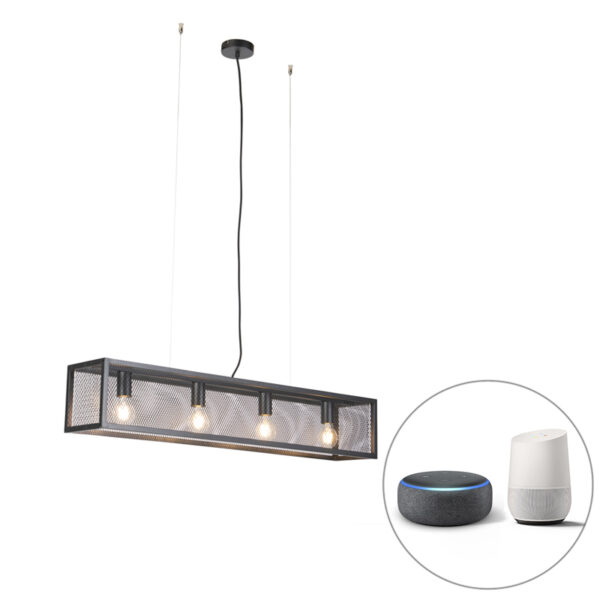 hanglampen Smart hanglamp zwart incl. 4 WiFi A60 Cage Wire Staal Zwart Wat een blikvanger is deze Een prachtige zwarte om boven de eettafel te hangen. De lamp