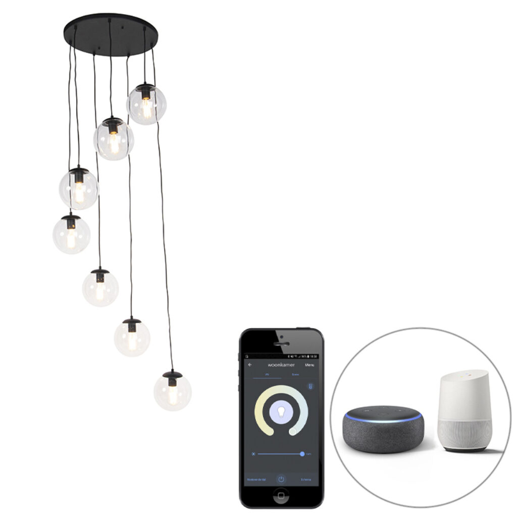 hanglampen Smart hanglamp zwart incl. Wifi ST64 Pallon GlasStaal Transparant