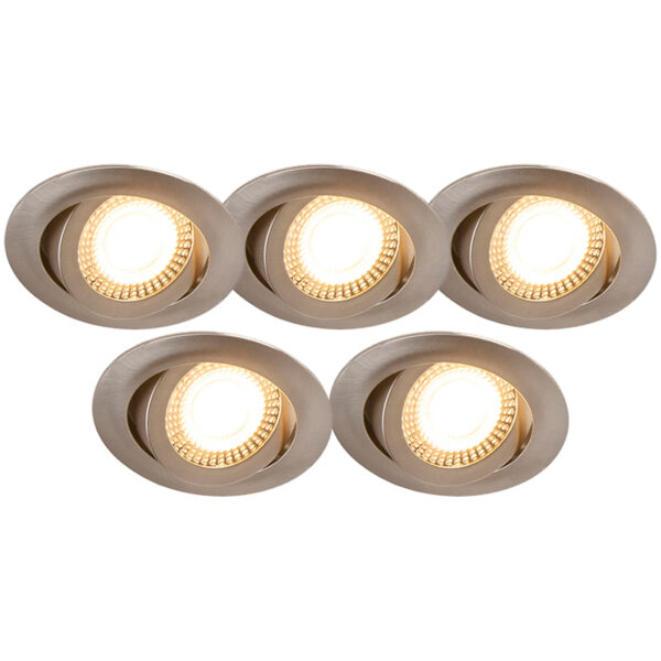 inbouwspots Set van 5 moderne staal incl. LED dimbaar Mio Kunststof Grijs Deze is een strakke inbouwspot. Afgewerkt in mooie stalen De lamp beschikt over licht
