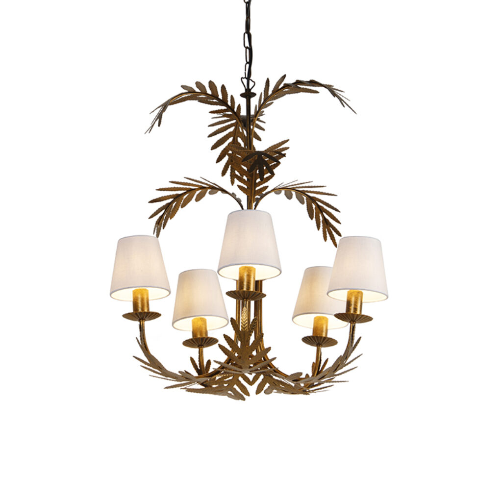 kroonluchters Art Deco kroonluchter goud met witte kappen Botanica StaalLinnen Wit De is een echte eyecatcher voor in huis. Leuk de hal woonkamer of eetkamer.