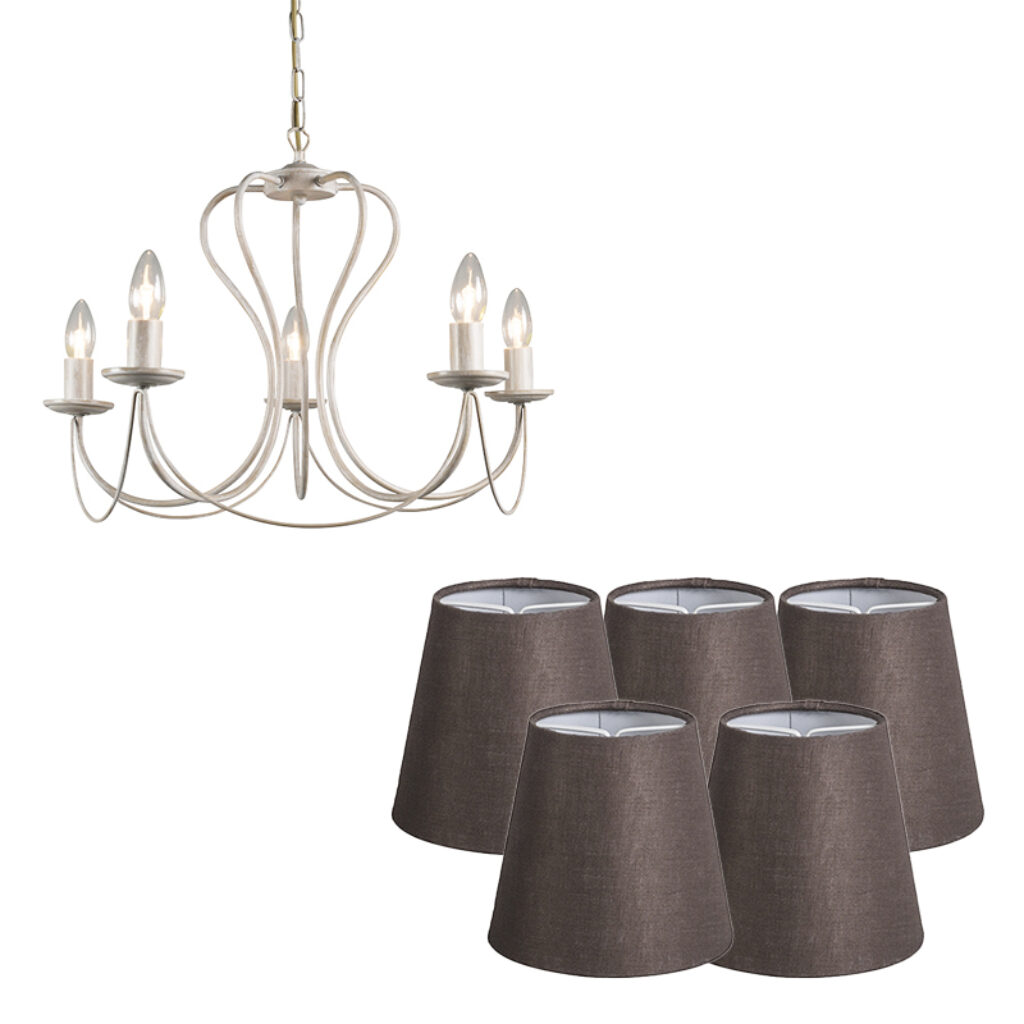 kroonluchters Klassieke kroonluchter taupe met kapjes bruin Como 5 MetaalStof Taupe Een fijn tijdloos en klassiek ontwerp heeft Kroonluchter 5. Sierlijke vormen