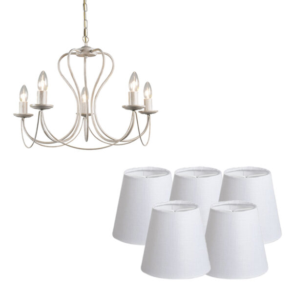 kroonluchters Klassieke kroonluchter taupe met wit Como 5 MetaalStof Grijs Een fijn tijdloos en klassiek ontwerp heeft Kroonluchter 5. Sierlijke vormen in een