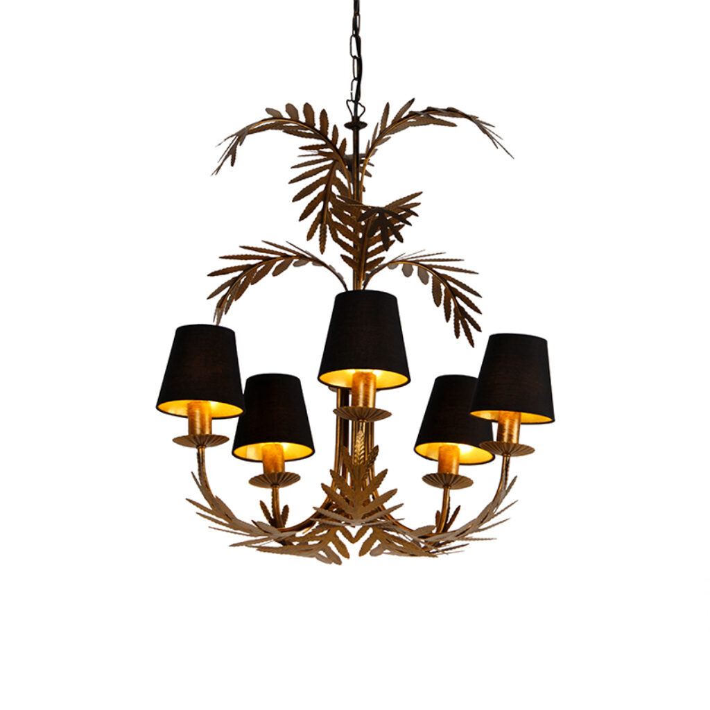 kroonluchters Kroonluchter goud met zwarte kappen Botanica StaalKatoen Zwart De kroonluchter is een echte eyecatcher in huis. Leuk voor de hal woonkamer of