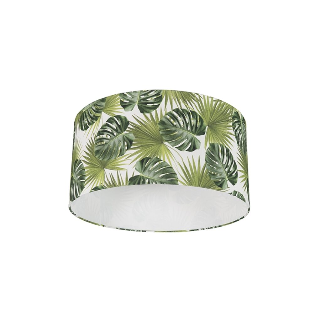 lampenkappen Katoenen lampenkap Leaf Stof Groen Deze grote ronde met een motief van het merk QAZQA past op zowel hangende als staande lamp en armaturen E27
