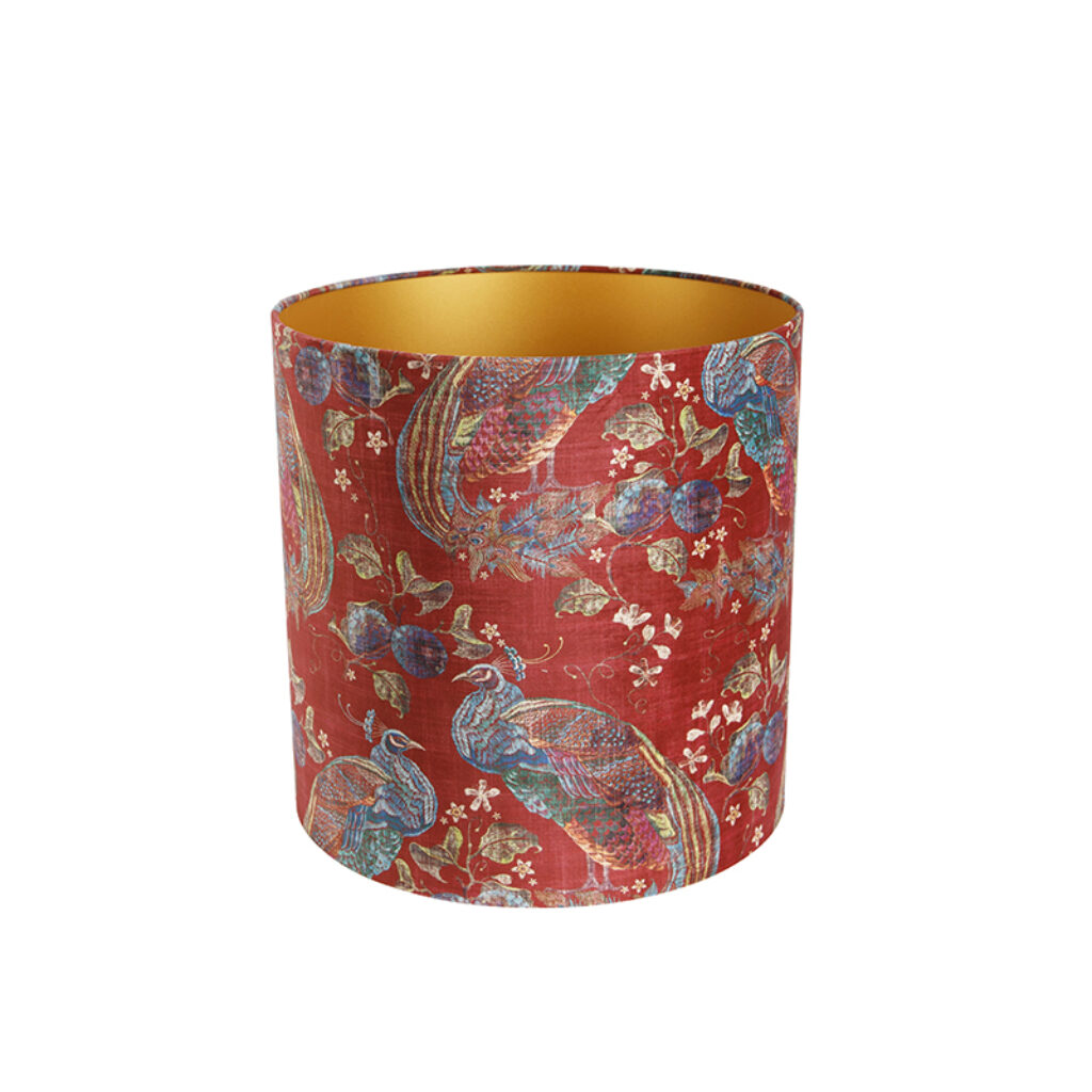 lampenkappen Velours lampenkap pauw dessin gouden binnenkant Stof Rode print Ben je op zoek naar een eyecatcher voor in Dan is deze velours met unieke pauwen