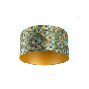 lampenkappen Velours lampenkap pauw dessin met gouden binnenkant Stof Pauw veren print Wat een eyecatcher deze velours lampenkap. Met kun je jouw vloerlamp of