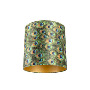 lampenkappen Velours lampenkap pauw dessin met gouden binnenkant Stof Pauw veren print Wat een eyecatcher deze velours lampenkap. Met kun je jouw vloerlamp of