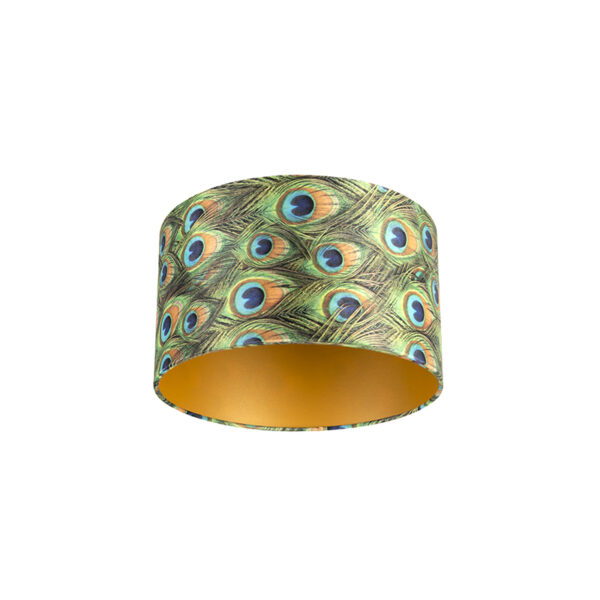 lampenkappen Velours lampenkap pauw dessin met gouden binnenkant Stof Pauw veren print Wat een eyecatcher deze velours lampenkap. Met kun je jouw vloerlamp of