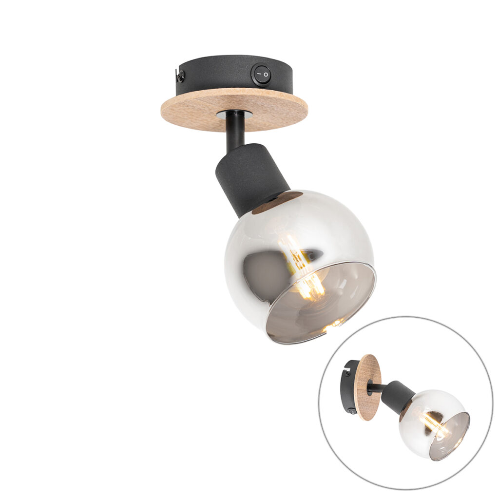 Opbouwspots Art Deco spot zwart met smoke glas en hout Vidro GlasHoutStaal Grijs Prachtig deze grijs zwarte hout. heeft een diepte van 19 centimeter hoogte 10
