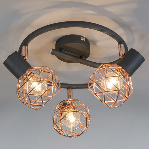 Moderne spot zwart met koper 3-lichts - Mesh - Afbeelding 2