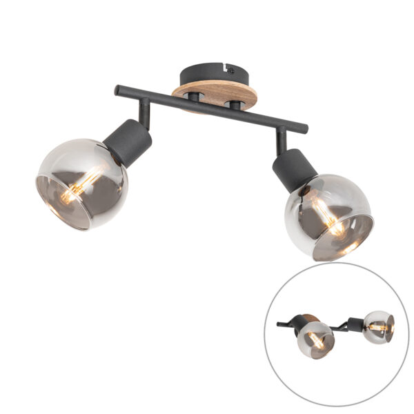 Opbouwspots Plafondlamp zwart met smoke glas en hout Vidro GlasStaalHout Grijs Deze spot laat jouw interieur Dankzij de combinatie van het staal glass