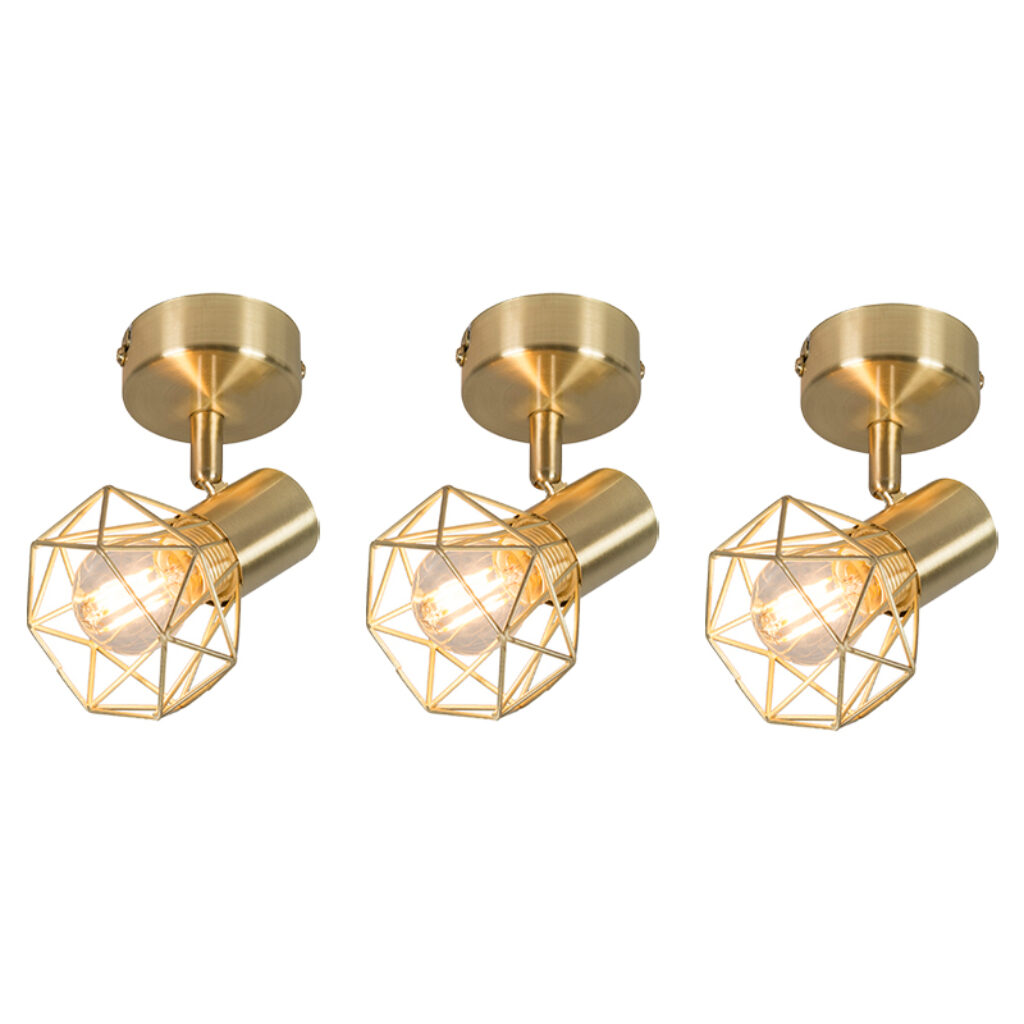 Opbouwspots Set van 3 art deco spot messing en kantelbaar Mosh Metaal Dit is in een gouden kleur Het minimalistische stalen frame leent zich bij uitstek voor