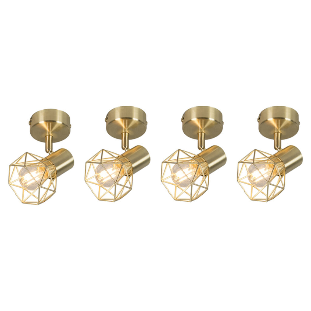 Opbouwspots Set van 4 art deco spot messing en kantelbaar Mosh Metaal Dit is in een gouden kleur Het minimalistische stalen frame leent zich bij uitstek voor