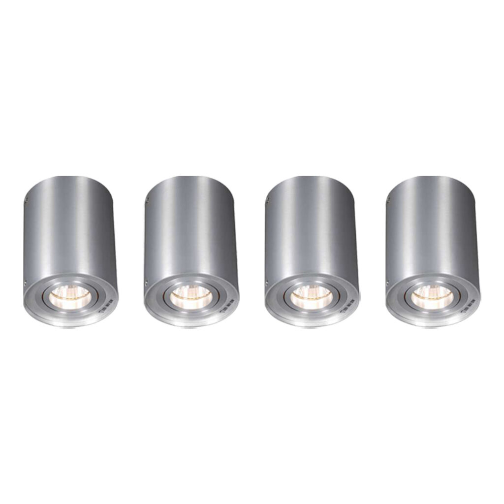 Opbouwspots Set van 4 spots staal en kantelbaar Rondoo up Aluminium Deze 1 opbouwspot past in ieder interieur. Hij heeft een diameter 95 cm hoogte 125 cm. De