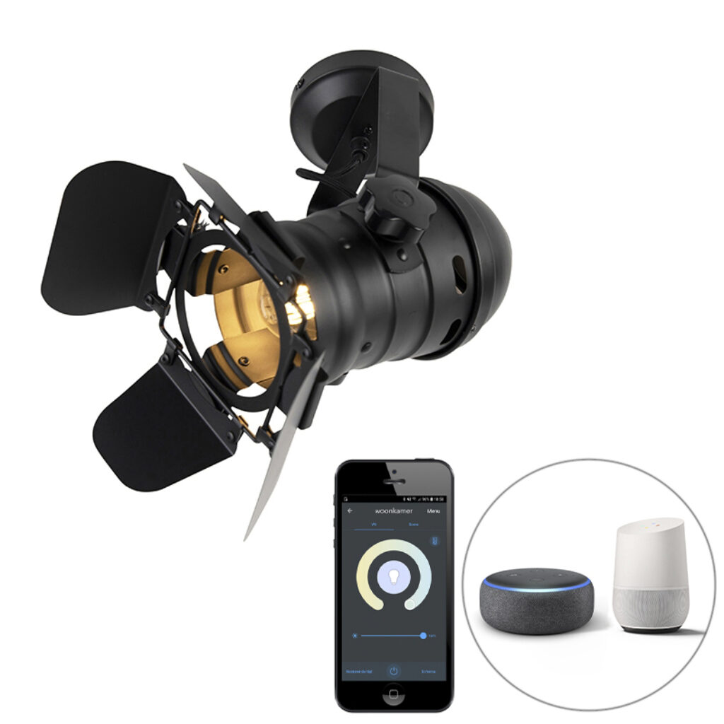 Opbouwspots Smart studiospot zwart en kantelbaar incl. Wifi A60 Movie Staal Zwart Wat een eyecatcher in huis de Movie. Door zwarte kleur het formaat kleppen