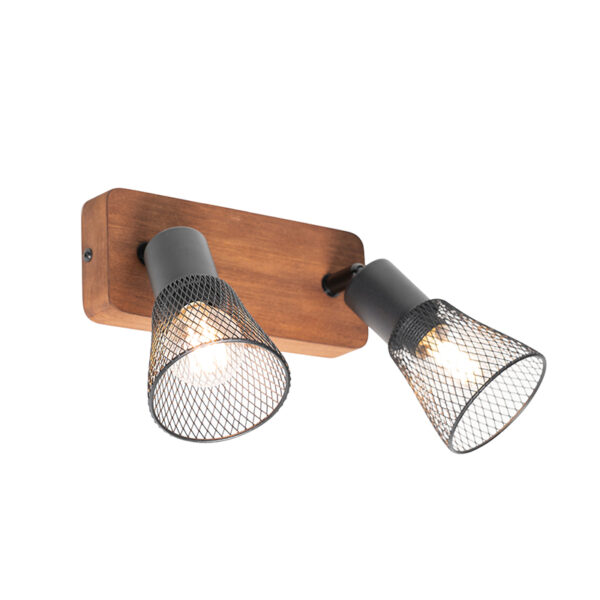 Industriële spot zwart met hout 2-lichts - Kristina - Afbeelding 2