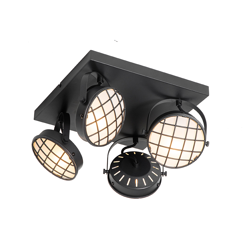 Opbouwspots Vintage spot zwart vierkant Tamina GlasStaal Zwart Plafondlamp past perfect in een vintage of industrieel interieur. Doordat de spots ieder los van