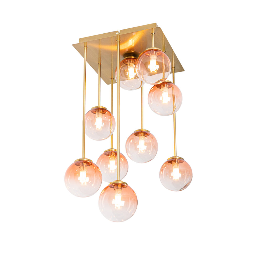plafondlampen Art Deco plafondlamp goud met roze glas Athens StaalGlas Roze Wauw wat een pareltje deze art deco gemaakt van staal afgewerkt in het messing. komt