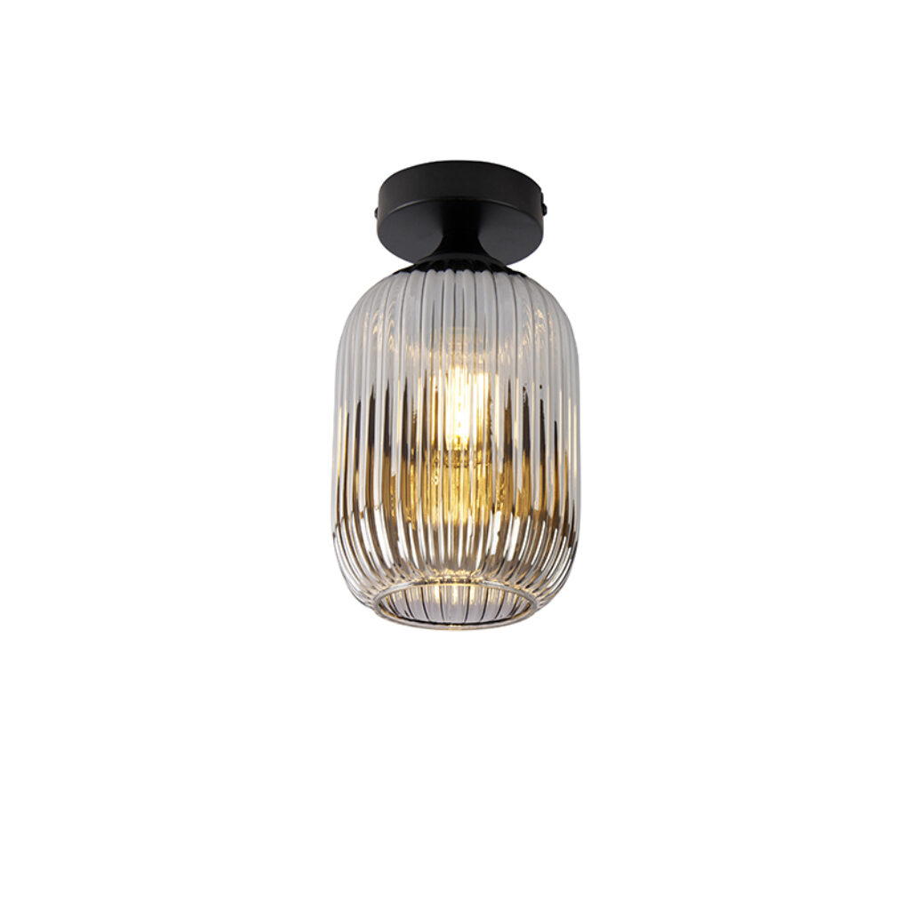 plafondlampen Art deco plafondlamp zwart met smoke glas Banci GlasStaal Zwart Plafondlamp is een echte Doordat het geribbeld en effect heeft geeft de lamp warm