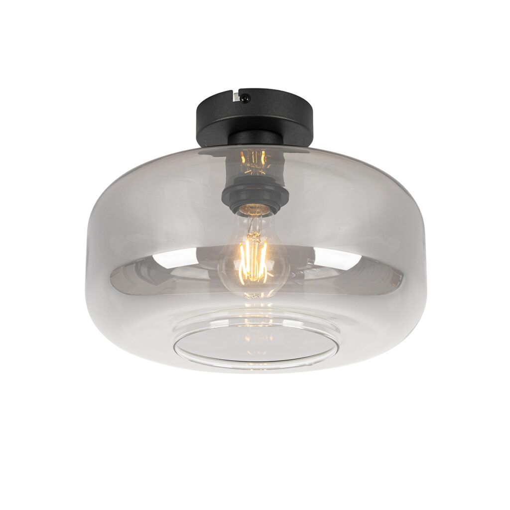 plafondlampen Art deco plafondlamp zwart met smoke glas Bizle GlasStaal Grijs