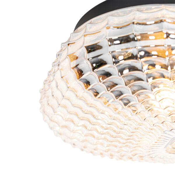 Klassieke plafondlamp zwart met amber glas 30 cm IP44 - Damian - Afbeelding 2