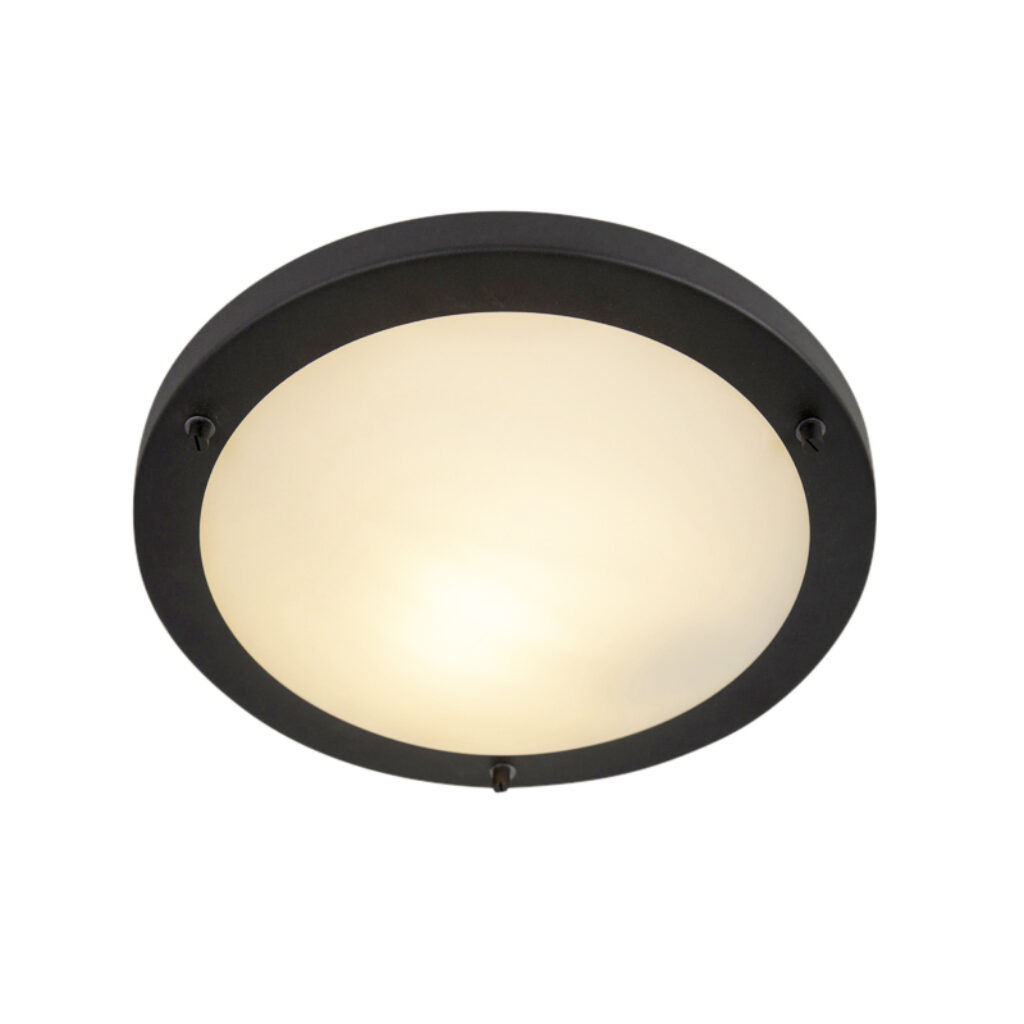 plafondlampen buiten Moderne zwart 31 cm IP44 Yuma GlasStaal Zwart Prachtig exclusief design in een hoogwaardige staal kwaliteit. De mat zwarte afwerking geeft