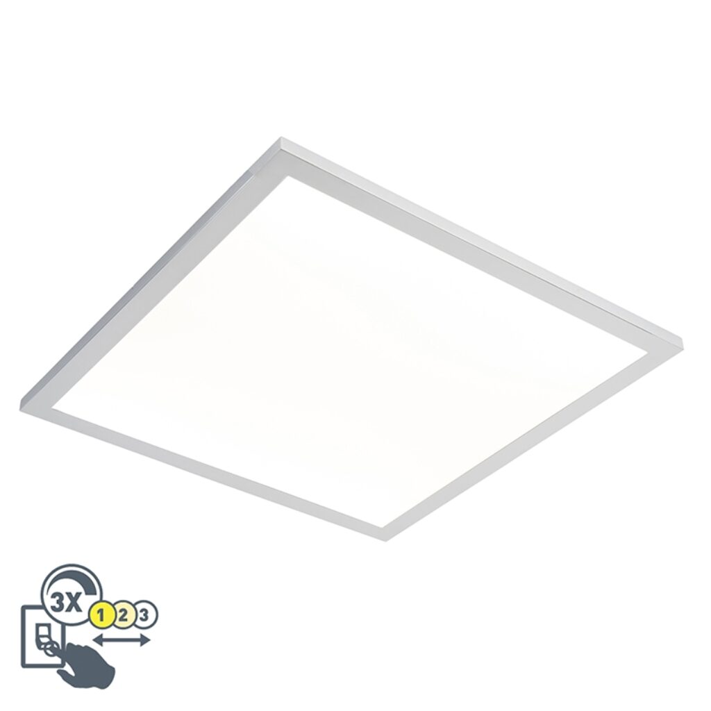 plafondlampen buiten Vierkante plafondlamp chroom 45 cm incl. LED IP44 Flat KunststofStaal Chroom Deze is een strakke perfect voor in de werkkamer of op kantoor