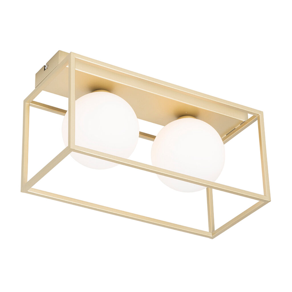 plafondlampen Design plafondlamp goud met wit glas Aniek StaalGlas Haal stijl en klasse in huis Aniek. Het vierkante geraamte combinatie de ronde bollen geeft