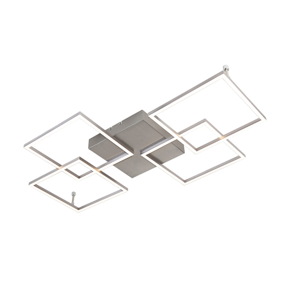 plafondlampen Design plafondlamp staal incl. LED en dimmer Plazas Mondrian KunststofMetaal Staal Deze moderne 4 past in elk strak Hij heeft vierkante frames wat