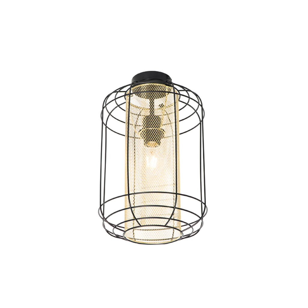 plafondlampen Design plafondlamp zwart met goud Gaze Staal Zwart heeft een twist. De binnenste gouden kap gaasstructuur zorgt voor prachtig lichteffect in de