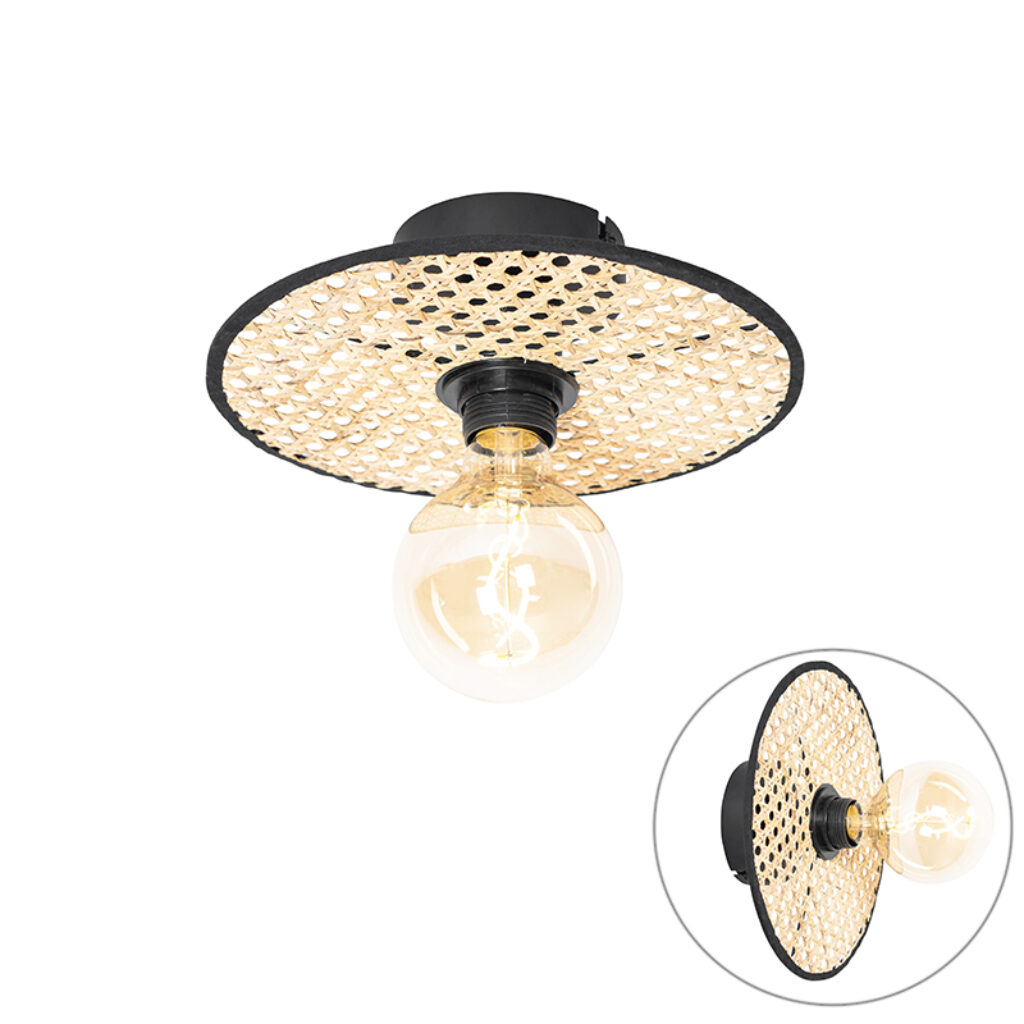 plafondlampen Landelijke plafond en wandlamp zwart met rotan 25 cm Kata RotanStaal Naturel is sfeervol Een echte blikvanger ook het licht uit. Als je op zoek