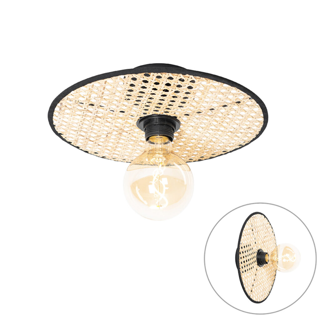 plafondlampen Landelijke plafond en wandlamp zwart met rotan 35 cm Kata RotanStaal Naturel is sfeervol Een echte blikvanger ook het licht uit. Als je op zoek