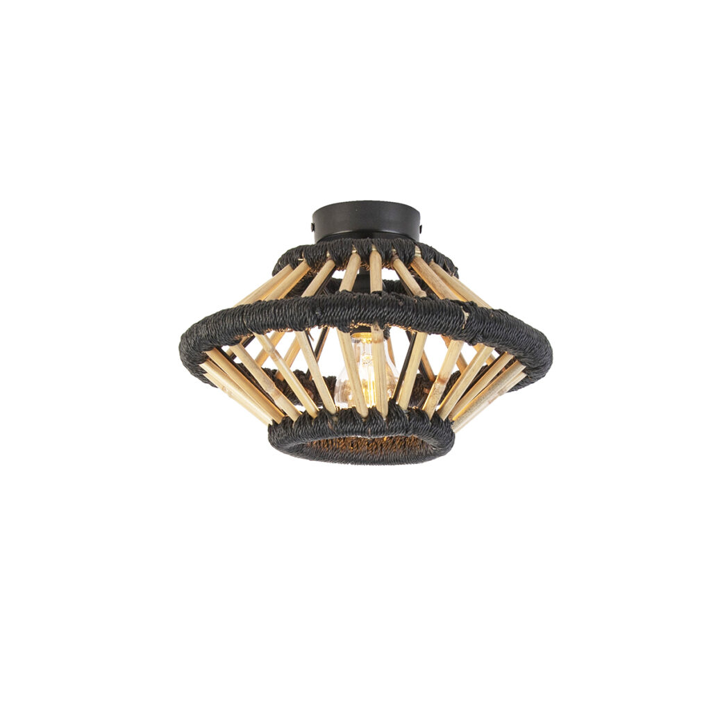 plafondlampen Landelijke plafondlamp bamboe met zwart 30 cm Evalin BamboeStaal Zwart Ga voor een landelijke vibe in huis deze plafondlamp. Een gezellig