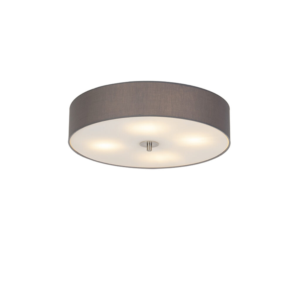 plafondlampen Landelijke plafondlamp grijs 50 cm Drum GlasStofStaal Grijs Een tijdloze ronde met een kap mooie donker grijze kleur. De stof die gebruikt is voor