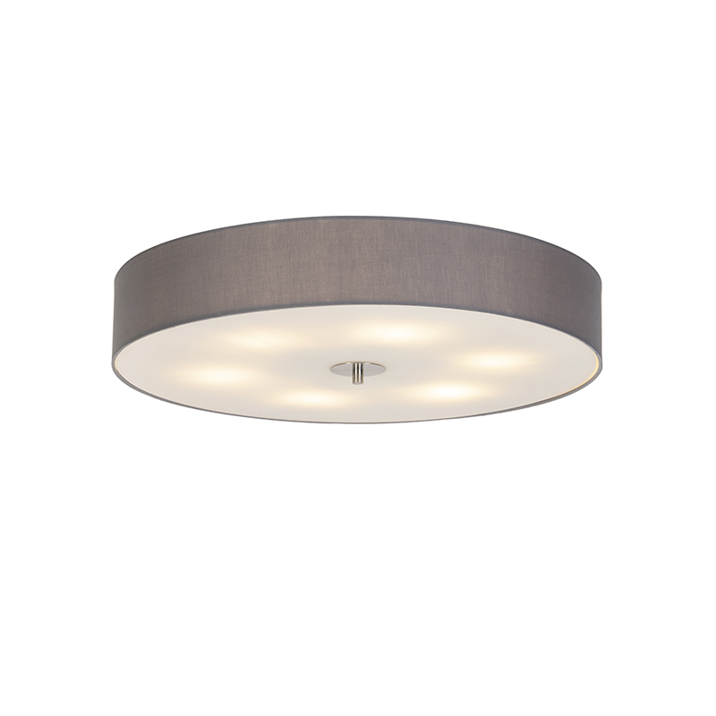 plafondlampen Landelijke plafondlamp grijs 70 cm Drum GlasStofStaal Grijs Een tijdloze ronde met een kap mooie grijze kleur. De stof die gebruikt is voor de