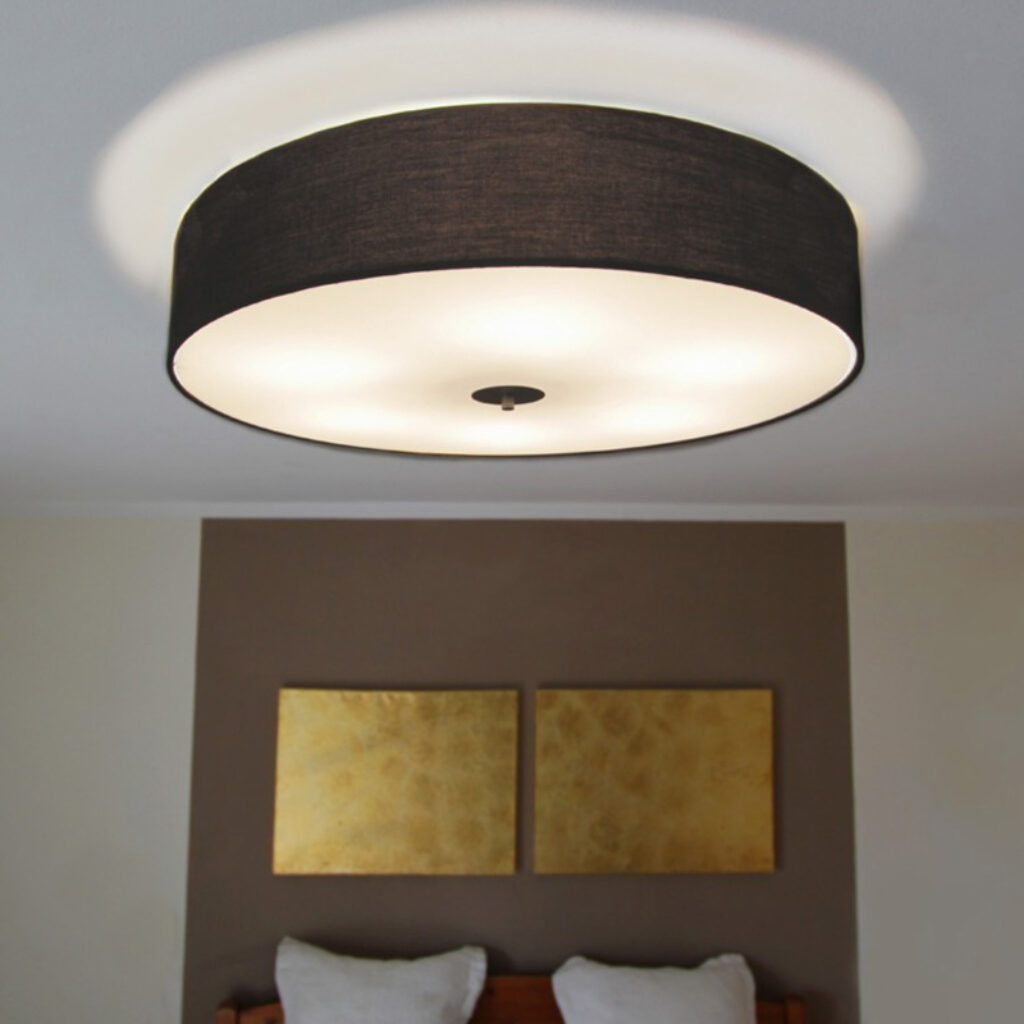 plafondlampen Landelijke plafondlamp zwart 70 cm Drum GlasStofStaal Zwart Een tijdloze ronde met een kap mooie zwarte kleur. De stof die gebruikt is voor de