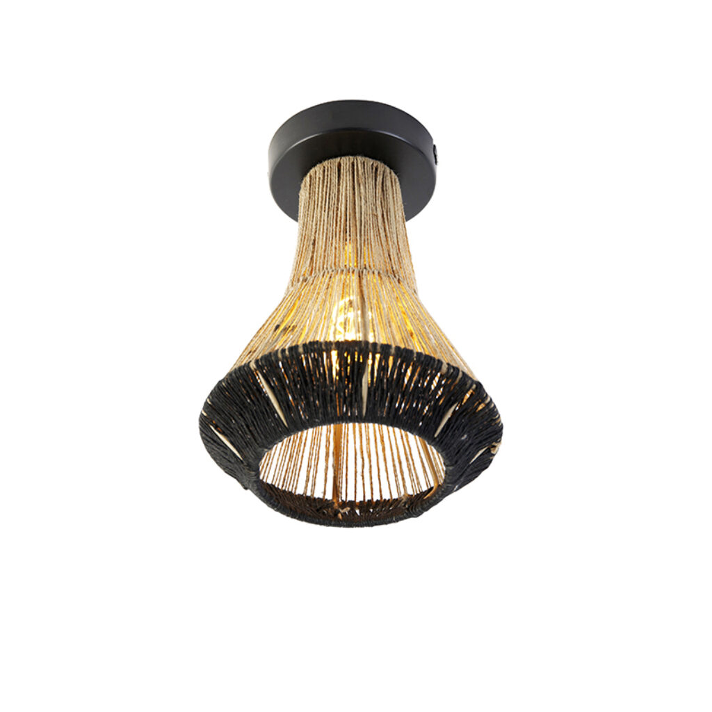plafondlampen Landelijke plafondlamp zwart met touw 19 cm Jenthe TouwStaal Zwart straalt gezelligheid uit. Met zijn afwerking in beige en zwarte kleur geeft hij